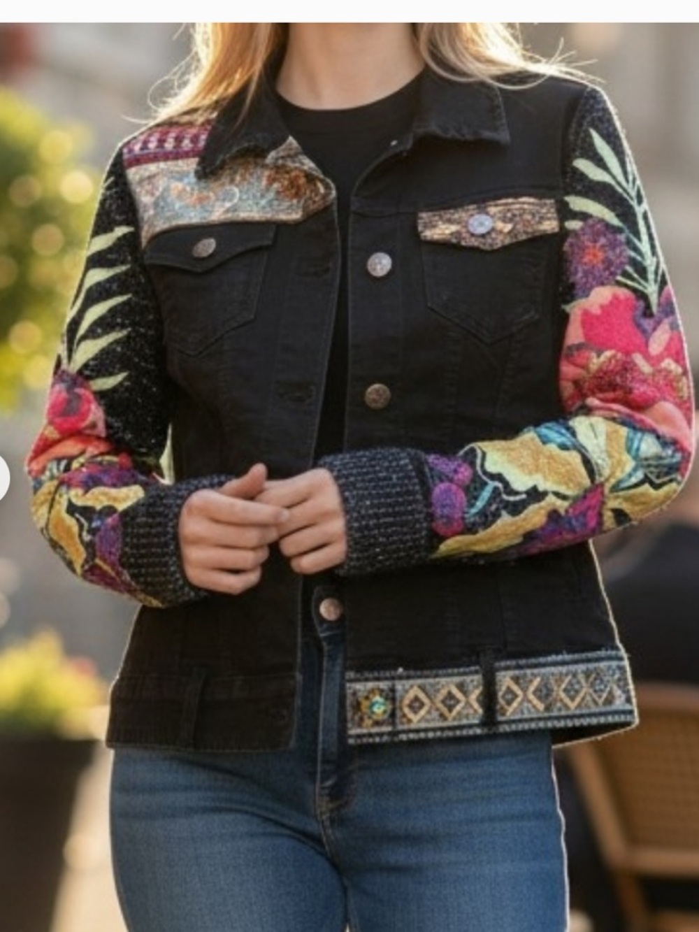 Desigual Jean Jacket With Crochet Knit Overlay Bimaterial Boho Embellished Denim